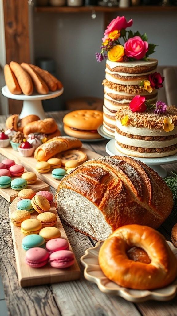 Artisan Baked Goods Aesthetic Aesthetic display of artisan baked goods including pastries, bread, and a decorated cake on a rustic table.